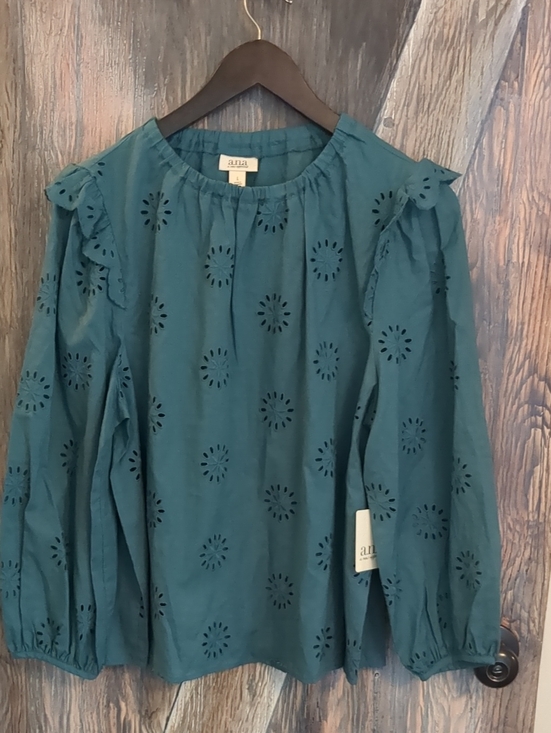 a.n.a Tops - a.n.a Teal Eyelet Ruffle Long Sleeve Blouse